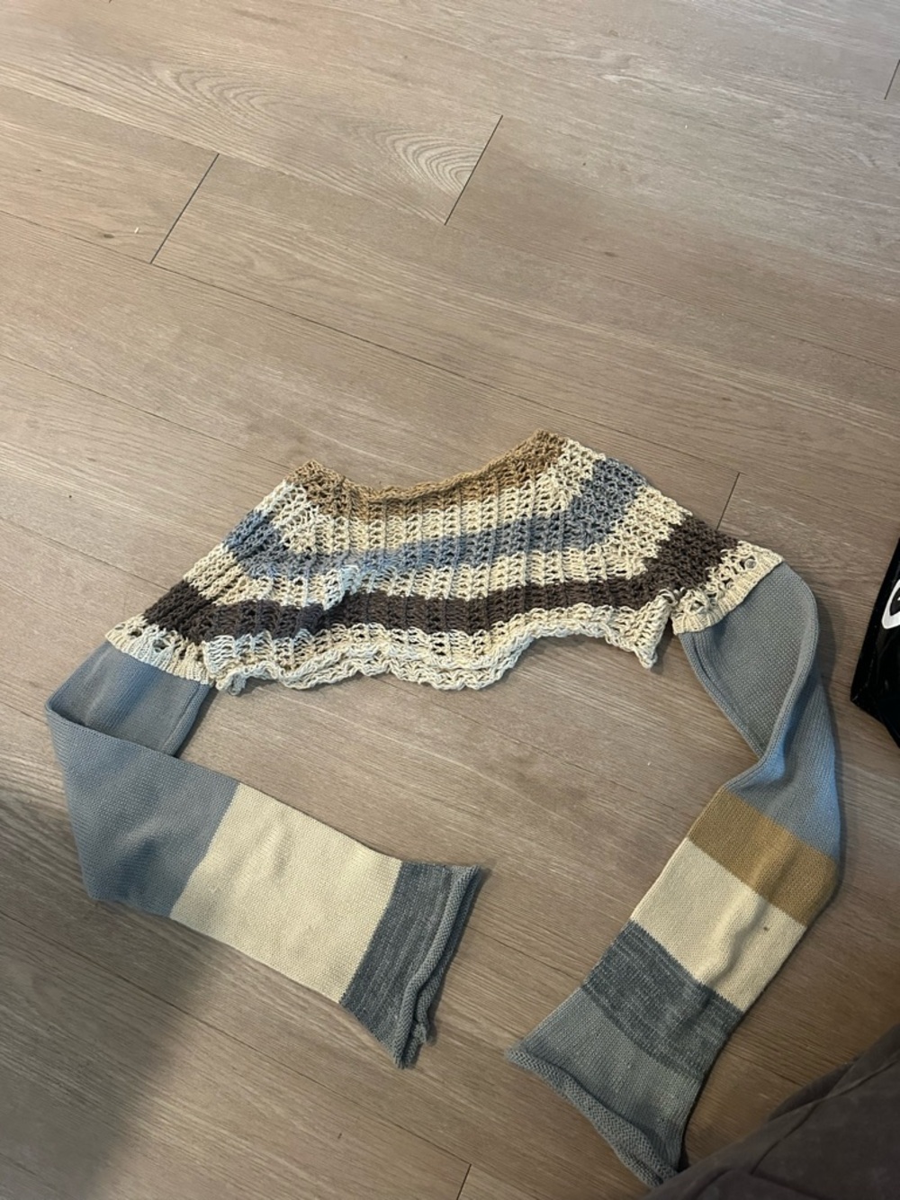 Cropped Striped Knit Sweater - grey, Cream & Brown
